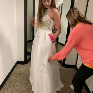 white and gold halter top Dillard’s formal dress